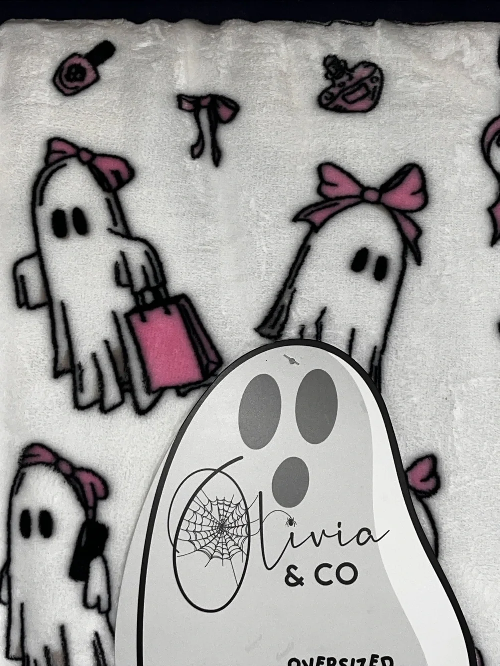 Olivia & Co White and Pink Ghost-Print velvet soft fall blanket -